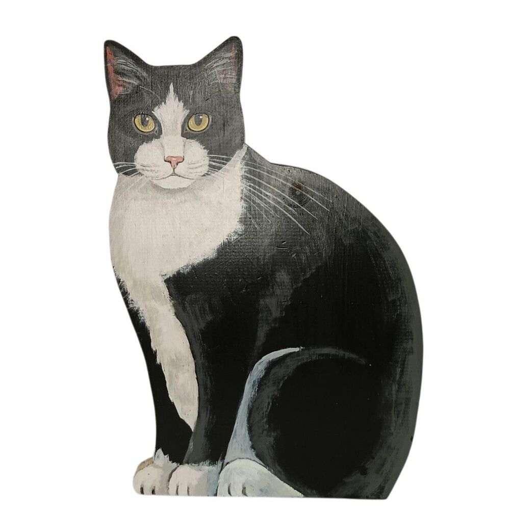 Handpainted Wood Cutout Black & White Tuxedo Cat Folk Art Figurine 16x10 VTG